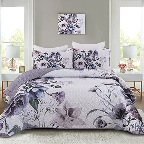 Drucon Purple Floral Quilt Set King 3 PCs Purple Botanical Flower Quilt Set