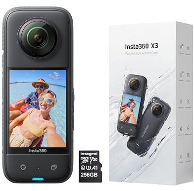 Insta360 X3-360 Degree Waterproof Action Camera with 1/2 Sensor, 5.7K 360, 72MP 360 Photos, Stabilisation, 2.29 Touch Screen, AI Editing, Live Streaming, Webcam, Voice Control with 256GB Memory Card