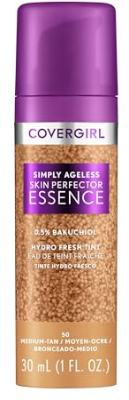 Covergirl Simply Ageless Skin Perfector Essence Foundation, 50 Medium-Tan, Tinted Skincare Makeup Hybrid, Sheer Tint, Radiant Finish, Glowy Finish, Vegan Formula, 1.0oz