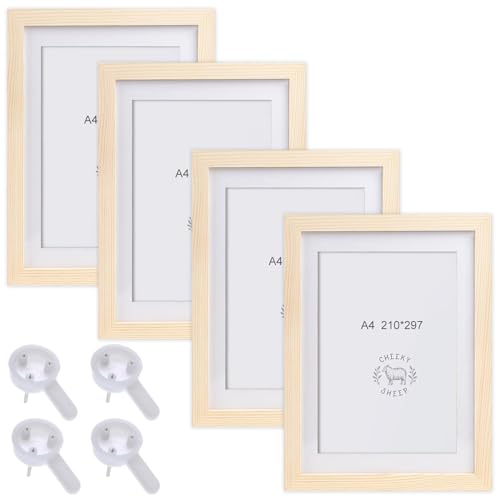 Delamiya Juego de 4 marcos de fotos A4: marco de fotos de madera, 21 x 30 cm, marco de fotos DIN A4, marco de MDF, marco de plexiglás irrompible, ideal para retratos de collage (madera)