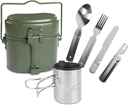 normani Outdoor Geschirr-Set bestehend aus Bundeswehr Kochgeschirr, 5-teiligem Besteck und Tasse mit klappbarem Henkel und Deckel - rostfrei und hitzebeständig Farbe Olive