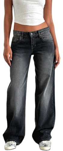 MASUCOR Pantalones Vaqueros Holgados de Tiro Bajo para Mujer Lavados Rectos de Pierna Ancha Informales Holgados Estilo Boyfriend con Bolsillos Estilo Vintage de Los Años 90 Color Liso(Gray,XS)