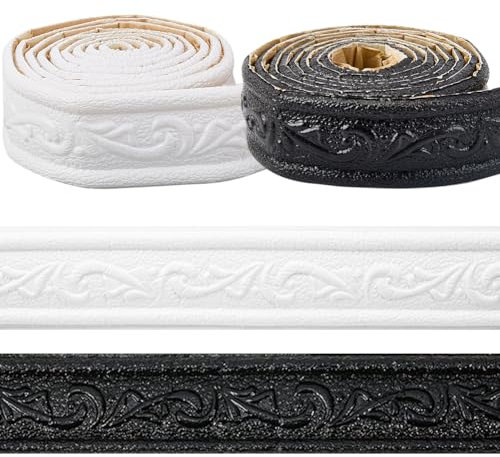 CRASPIRE Papel Tapiz Autoadhesivo de 181x1.8 Pulgada con Borde 3D Moldura de Corona Blanco Y Negro Borde de Zócalo Flexible Resistente Al Agua Espejo Borde de Pared Adhesivo Líneas de Base de Espuma