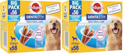 PEDIGREE DENTASTIX 56 Bâtonnets à Mâcher pour Grand Chiens 25kg+, 8 Sachets de 7, Saveur Poulet et Bœuf, Détartrage Dentaire Chien, Soins Dentaires pour Chien (Lot de 2)