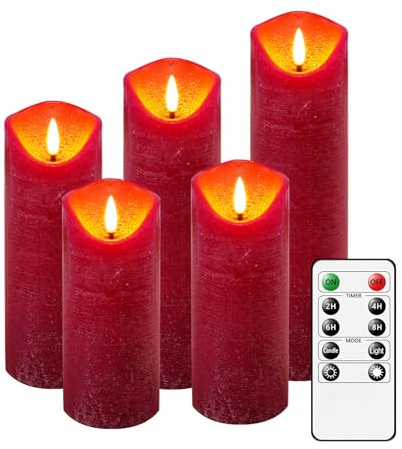 AnnSpa Röda LED-ljus med fjärrkontroll, batteridrivna, 5 stycken med vektlösa blockljus, heminredning, flamlösa ljushållare, dekorationer LED stavljus med timerfunktion