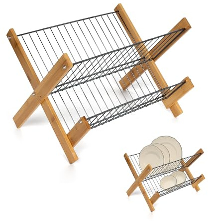 LIN HOME Escurridor de Platos Plegable 2 Niveles XZ-23194, Bambú y Metal, Estructura Estable, Compacto 38x33x27 cm, Ideal para Cocina Ordenada y Duradera