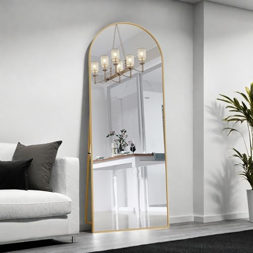 Specchio per tutto il corpo, curvo, specchio da pavimento con cornice in alluminio dorato, spogliatoio, specchio da pavimento, adatto per camera da letto, soggiorno, Gardero (oro, 162 × 53)