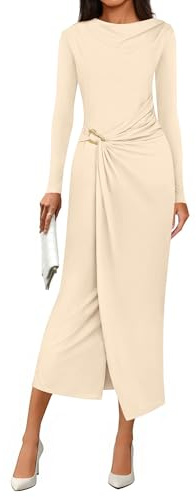PRETTYGARDEN Women's Fall Wedding Guest Cocktail Midi Dresses Elegant Long Sleeve Bodycon Ruched Dress 2026 Fashion Clothing (Beige,Medium)