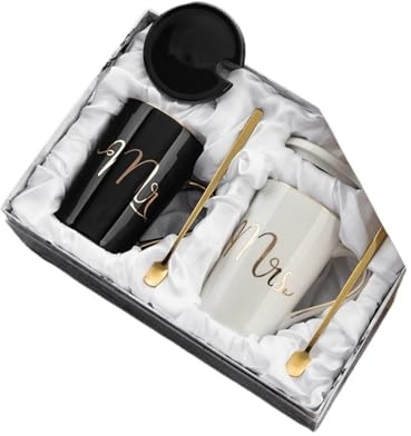 BOJHGO Tazza in Ceramica for Coppia da 2 Pezzi con Coperchio e Cucchiaio, Tazza di Succo for la casa, Matrimonio, Compleanno per caffè e Latte(B 2pcs Gift Box)