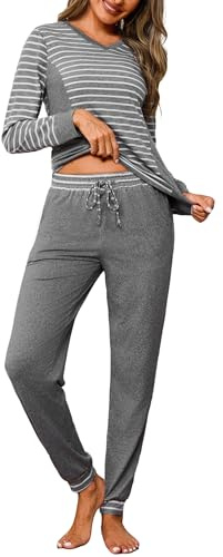 Crewhpo Pyjama Rayé Femme Hiver Chaud et Doux Haut Rayé Manches Longues