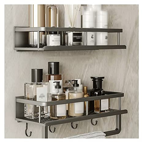 Bathroom Shelf, Storage Rack Toilet Washstand Double Layer Simple with Hook and Towel Kitchen Counter Metal Wall Perforated(40)