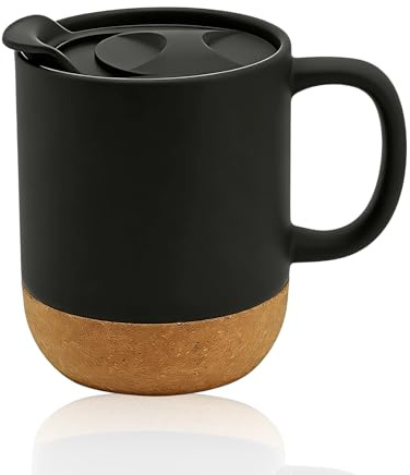Eidoct Travel Ceramic Cup with Handle, Ceramic Coffee Mug, Removable Lockable Lid with Sliding Sip Hole 400ML, Heatproof Cork Base Design, Travel Coffee Mug (Black)