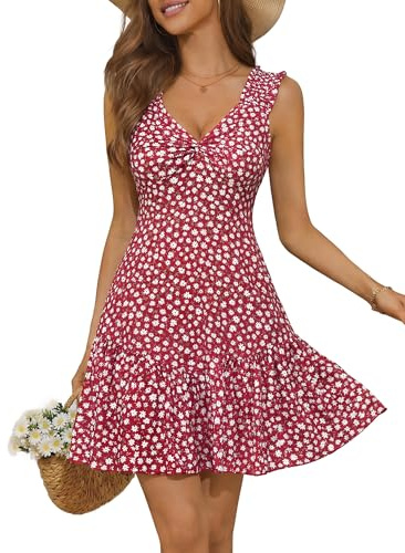 OURIN Summer Dresses for Women 2026 Smocked Tank Milk Maid Vacation Brunch Spring Short Sundresses Petite Dresses for Women 5 ft(Red Floral,Large)