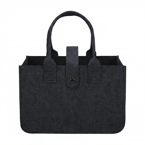WLICCHS Felt Shopping Basket with Handle, Foldable, 30 x 20 x 18 cm, Felt Bags, Shopper, Storage Basket, Small, Black Handle Bag for Shopping, Going Out, Storage, Picnic, Work
