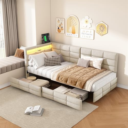 BestAlice Sängklädsel, bäddsoffa, 90 x 200 cm med 2 lådor, bäddsoffa dubbelsäng med sängdelar och laddningsfunktion, dagsäng, ungdomssäng, sängram, gästsäng, dagsäng med ribbotten, linne, beige