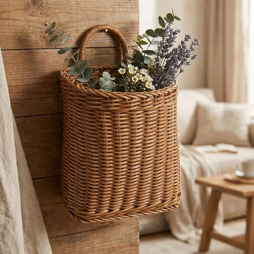 Cesto da appendere in vimini Cestini da parete in vimini intrecciati per la porta d'ingresso Cesto da appendere a parete con manico per fiori, piccole piante, decorazioni per la casa colonica e il gi