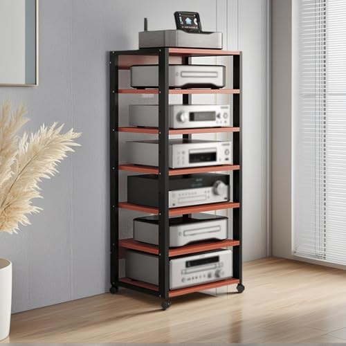 Rack HiFi a 7 livelli con ruote, supporto multimediale con ripiani regolabili, supporto multimediale a più livelli for home cinema/camera da letto/ufficio(Brown)