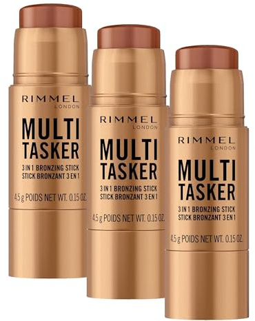 Rimmel Multi Tasker 3 in 1 Bronzing Stick, 003 Tan, Sculpted and Bronzed Glow, All-Day Wear, Sheer and Dewy Finish, Infused with Vitamin C & E, Vegan Formula, Cruelty-Free (Pack of 3)