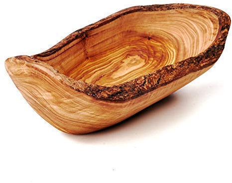 das Olivenholzbrett® / typisch schmal geschnittene Baguetteschale aus Olivenholz/längliche Brotschale aus Holz/Dekoschale aus Holz/Snackschale/Naturrand 20 cm