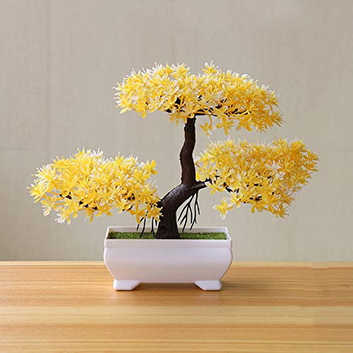 Gemini_mall Artificial Bonsai Cedar, Welcoming Pine Emulate Bonsai Simulation Decorative Artificial Flowers Fake Green Pot Plants Ornaments Home Decor Yellow