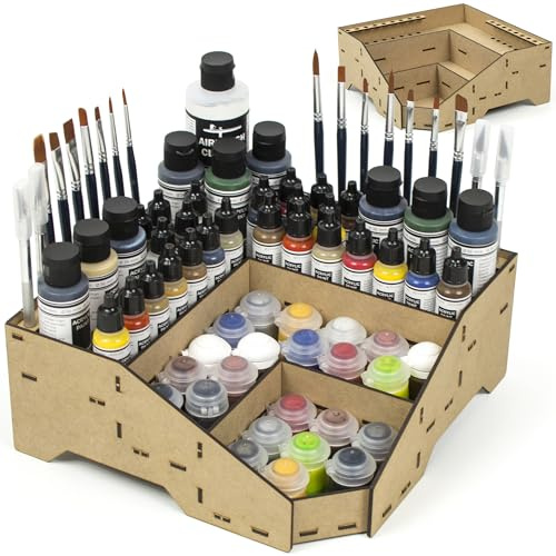 PROSCALE Soporte organizador de pinturas y pinceles para miniaturas modelismo taller bellas artes Esquina botes de pintura herramientas y pinceles Compatible con Vallejo, Citadel, Army Painter