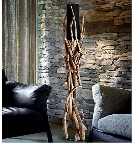 Möbel Bressmer VILLA Treibholz Stehlampe - 100% Handarbeit aus recyceltem Teakholz - Höhe 180cm Durchmesser 35cm Lampenschirm Schwarz
