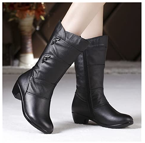 Demi-bottes Femme Boots De Neige Chaudes D'hiver Doublées De Peluche,Bottines Élégantes À Talons Blocs,Booties Imperméables En Cuir PU,Chaussures De Loisirs En Coton for L'extérieur ( Color : Black ,
