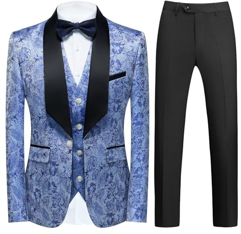 Tuxedo Suits for Men 3 Piece Regular Fit Men's Suit Set Floral Pattern Blazer Jacket Waistcoat Pants Sky Blue L
