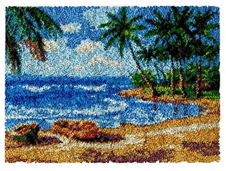 Myriad Choices Latch Hook Kits, DIY Latch Hook Rug Kit, Cross Stitch Rug Making Kit, Carpet Making Crochet Kits Embroidery Kits Needlework Crafts for Home Decor, 50X38CM, Coconut Trees and Beach