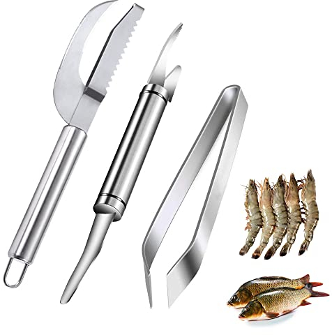 LONGHAO 3 PCS Coltelli Linea Gamberetti,Raschietto per Pesce,Professionale Squama Pesce,Coltello Multifunzionale per Gamberetti 5 in 1,Pinzette di Pesce per Pesce,Adatto A Casa,Ristorante