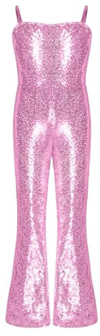 dPois Mädchen Glänzend Gymnastikanzug Einteiler Body Jumpsuit Pailletten Overall Lang Turnazug Trikot Ärmellos Glitzer Tanz Turnen Bühne Kostüm A Rosa 170
