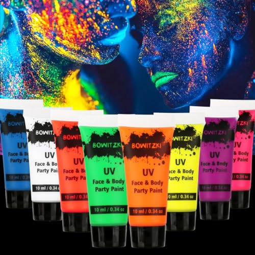 Bowitzki UV Neon Face Body Paint 8 Tubes 0.34oz Liquid Kit Black Light Glow in The Dark Makeup Set Fluorescent Painting for Adults Music Festivals Party Halloween Christmas