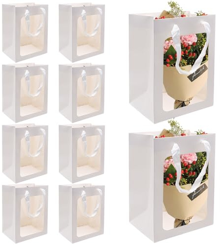 INHEMING 10 pcs White Kraft Paper Gift Bags With Handles,Paper Shopping Bags Retail Bags,White Window Gift Bag for Goodie, Cosmetic, Jewelry, Clothes, Party Favors