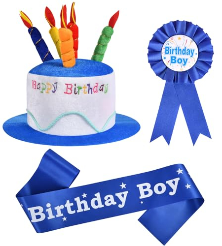 URAQT Birthday Crown Set for Kids, Reusable Birthday Party Hat Crown with Birthday Boy Sash and Button Pin, Happy Birthday Hat, Baby Photo Props, Birthday Party Tiara Headbands Gifts for Boys Kids