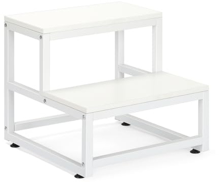 LIANTRAL Tritthocker für Erwachsene und Kinder, 2-Stufen-Hocker, Heavy Duty Stahl und Stabiler hölzerner Hocker, Tragfähigkeit bis zu 200KG, Tritthocker für Bett, Küche, Bad, Weiß