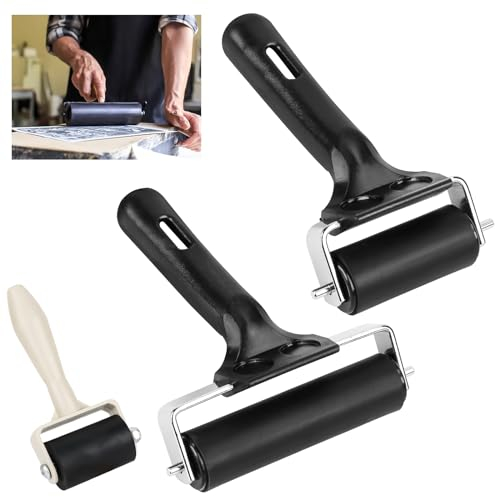 Lot de 3 rouleaux en caoutchouc - 3,5 cm/6 cm/10 cm - Pour impression linoléique - Avec poignée - Pour bloc d'encre - Impression sur bloc