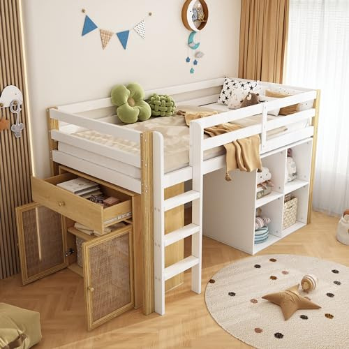 Merax Lit Mezzanine 1 Place 90 x 200 cm, Multifonctionnel Lit Mezzanine Enfant avec Rangement, Bois et Blanc (sans Matelas)