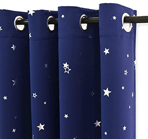 PONY DANCE Nursery Blackout Curtains for Bedroom - Noise Reducing Thermal Insulated Foil Printed Star Curtains with Eyelet for Boys Girls, Blue, 46 x 54 Drop Inch, 2 Panels