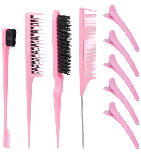 Juego de 9 Peines, 4 Cepillos para Cardar de Color Rosa Cepillos para el Pelo con Borde Liso Hacia Atrás Peine de Cola de Rata con 5 Pinzas de Cocodrilo Peine para Peluquería, Uso Diario