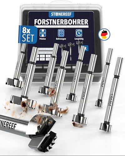 Forstnerbohrer-Set 8-teilig [12–40 mm inkl. Aufbewahrungsbox] – Topfbohrer Holz, Präzisionsbohrer Flachkopf, Bohraufsatz Scharnierbohrer, Holzbohrer flach, Scharnierlochbohrer, Möbelbau-Bohrer