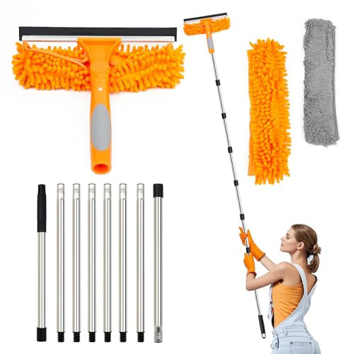 Lapluied 4M Nettoyeur de Vitre 3-en-1 Kit Nettoyage Vitre avec Raclette en Silicone et Brosse en Microfibres, Raclette Vitre Professionnel, Lave Vitre Telescopique avec Tête Rotative 270° Orange