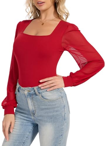 SHAPERIN Body Manga Larga Mujer Elegante Blusa Manga Abullonada Cuello Cuadrado Long Sleeve Bodysuit Top Body de Malla, Rojo, M