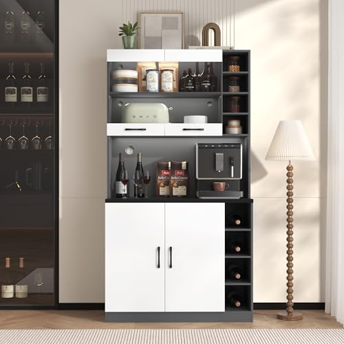 100 x 47 x 187 cm, armadio da cucina, buffet con illuminazione a LED e fori per cavi, tavolo da cucina in legno, grande spazio per microonde, autoportante, ripiani laterali regolabili in altezza