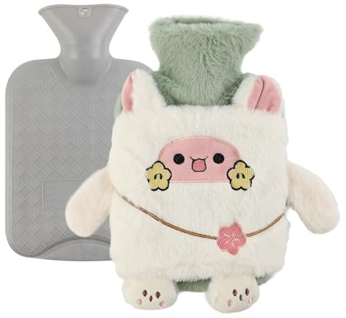 RoxNvm Bouillotte dEau Chaude, 1L Bouillotte Chaude avec Housse, Hot Water Bottle, Doux et Confortable Petite Bouillottes Pour Les Hommes et Les Femmes de La Famille (F)
