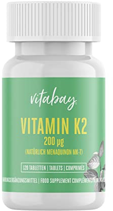 Vitabay Vitamin K2 Hochdosiert 200 µg (mcg) - 120 Vitamin K2 Tabletten Vegan & Laborgeprüft - MK-7 (Menachinon-7) aus natürlichen Zutaten in All-Trans Form - Hohe Bioverfügbarkeit