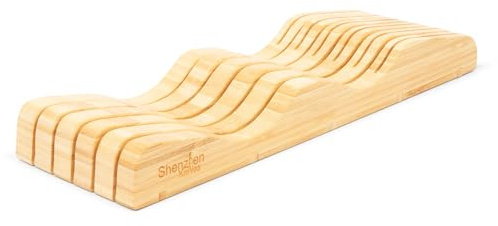 Shenzhen Knives Large In-Drawer Bamboo Knife Block: 11 Slot (Holds 10-12 Knives) Empty Wooden Knife Holder for Kitchen Drawers - Cutlery Tray Organizer & Storage