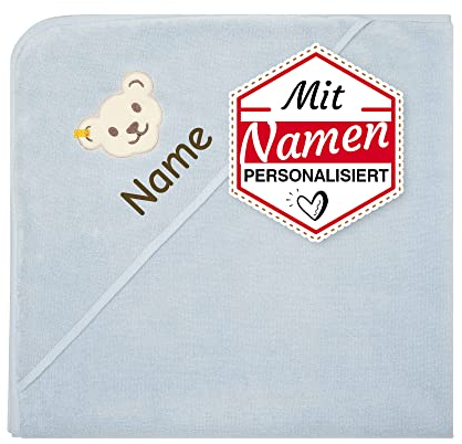 LALALO Steiff Badetuch mit Kapuze, Junge Kapuzenhandtuch BESTICKT mit Name für Baby & Kinder, Frottee Badehandtuch/Babybadetuch 100x100 cm (Blau)