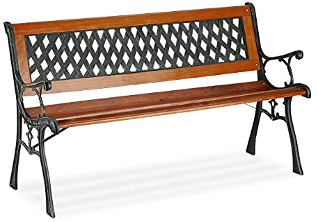Relaxdays Banco Jardín, 2 Plazas, Madera y Hierro Fundido, Balcón, Terraza, Banco Rústico, 73x125x52,5cm, Marrón y Verde