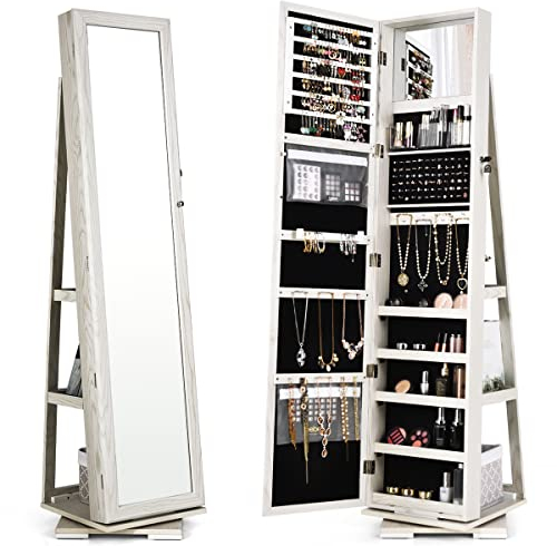 RELAX4LIFE Drehbarer Schmuckschrank mit Ganzkörperspiegel & eingebautem kleinen Spiegel, 2-in-1 Spiegelschrank & Schmuckregal, für Schmuckaufbewahrung, Schrank für Schmuck, abschließbar (Weiß)