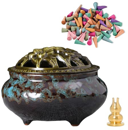 Räuchergefäß, Räuchergefäß Keramik Mit Deckel, Geeignet FüR RäUcherkegel/Spulen/StäBchen, Es Gibt Metall-RäUcherstäBchenhalter + Feuerfeste Baumwolle Im Inneren.